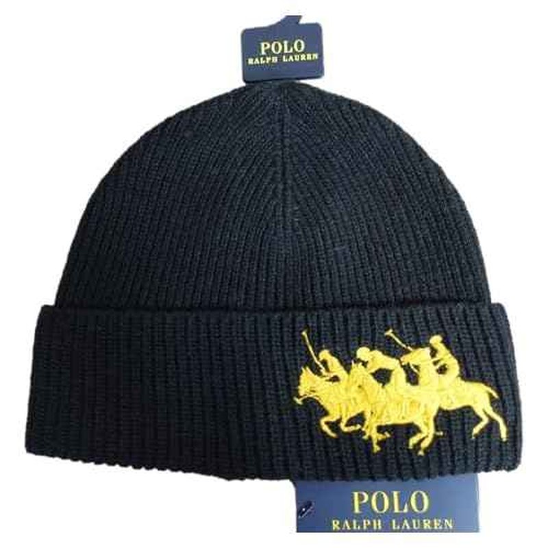 POLO RALPH LAUREN Men's Triple Pony Wool Blend Ribbed Cuff Beanie Hat (Polo Black, One Size)
