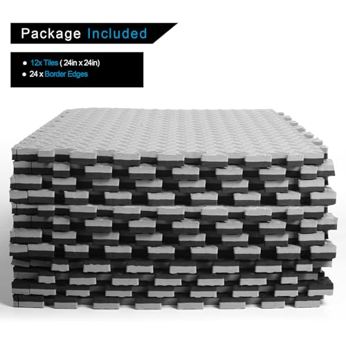 Holymus 1 in Thick 48 Sq Ft EVA Foam Exercise Gym Mats 12 Pcs - Interlocking Puzzle Floor Tiles for Home Gym Heavy Workout Equipment Flooring - 24 x 24in Tile, Black & Blue