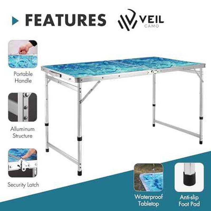 VILLEY Folding Camping Table 4FT, Large Portable Aluminum Table with Adjustable Height, Foldable Lightweight Picnic Table with Carry Handle for Camping, BBQ, Outdoor & Indoor Activities