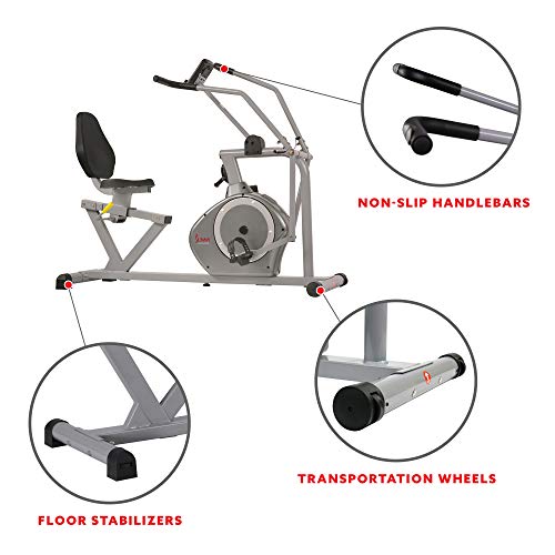 Sunny Health & Fitness Compact Performance Recumbent Bike with Dual Motion Arm Exercisers, Quick Adjust Seat & Exclusive SunnyFit® App Enhanced Bluetooth Connectivity - SF-RB420032 Gray