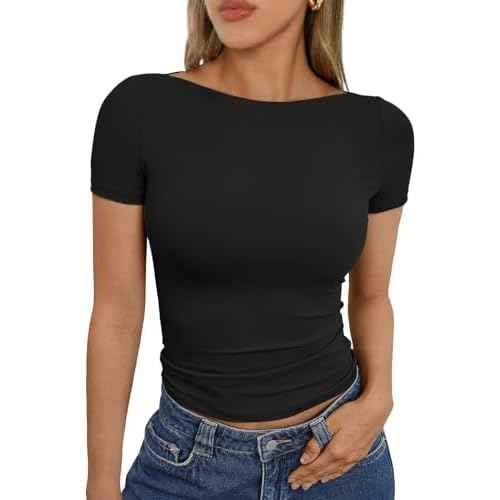 Trendy Queen Womens Boat Neck Tops Short Sleeve T-Shirts Slim Fitted Compression Summer Y2k Basic Clothes 2025