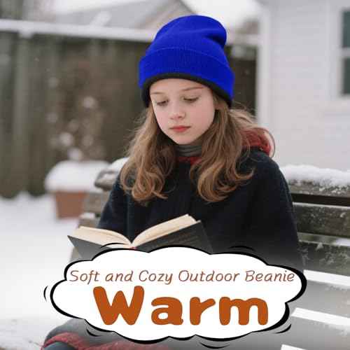Rosoz Kids Beanie Boys Girls- Reversible Beanie with Double Sides- Big Kids Winter Hat Kids Knit Warm Caps for 7-12 Years