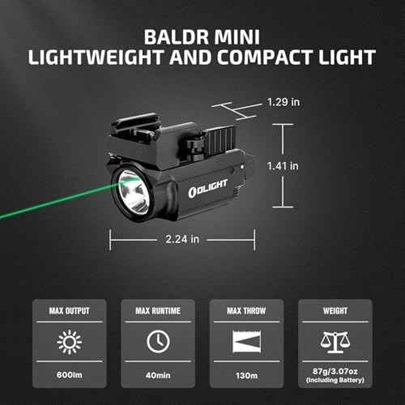 OLIGHT Baldr Mini 600 Lumens with Green Beam and White LED Combo, Magnetic USB Compact Rechargeable Tactical Flashlight with Adjustable Rail for G19, G45, Sig P320, and so on(Desert Tan)