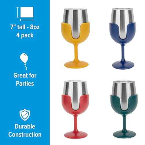 Camco Life is Better at The Campsite Stainless Steel Wine Tumbler 4-Pack - Features Heavy Duty Double Wall Vacuum Insulation & Removable Navy, Red, Green & Yellow Stems - Holds 8-oz Each (53465)