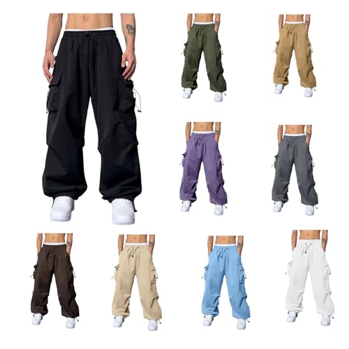 YWASYA work pants men,mens lounge pants with pockets,Cargo Pants for Men Baggy Parachute Pants Men Streetwear Y2K Joggers Drawstring Sweatpants Mens Lightweight Trousers