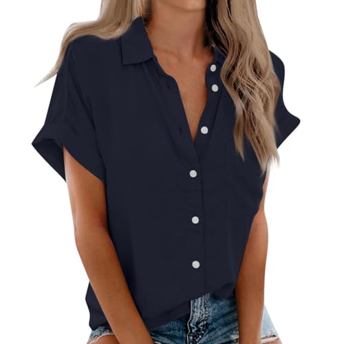 Summer Button Down Shirts for Women Short Sleeve Shirts V Neck Tops Collared Work Blouses with Pockets