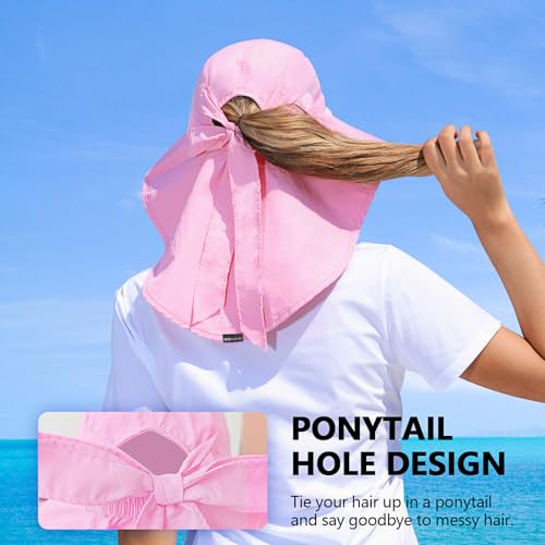 SENWAI Womens Sun Hat Outdoor UV Protection Wide Brim Fishing Hat with Ponytail Hole Neck Flap for Beach Hiking Camping, Pink