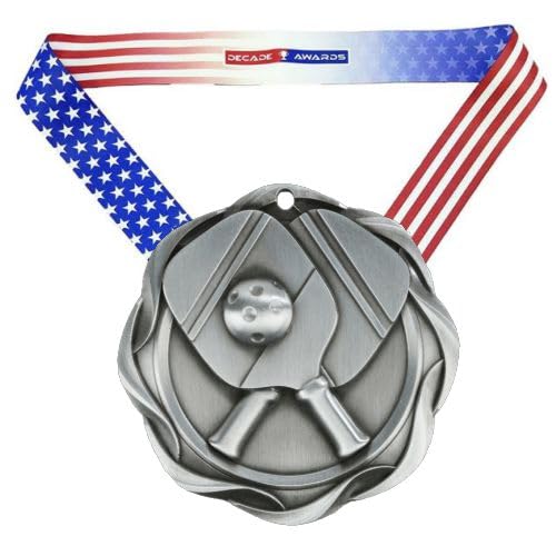 Decade Awards Pickleball Fusion Medal- Silver | Pickle Ball Medal with Stars & Stripes Ribbon - 3 Inch Wide (Silver)