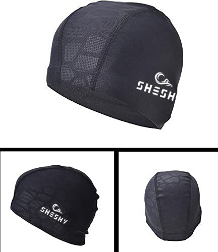 SHESHY Swim Cap, Flexible Nylon Spandex Fabric Cotton PU Fiber Swimming Bathing Cap Hat for Men Women Kids Adults (Black)