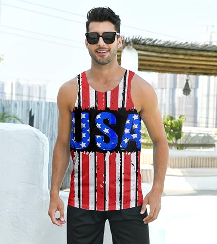 Idgreatim Men's 4th of July Tank Tops USA American Flag Patriotic Sleeveless Shirt Casual Gym Fitness Training Running Tees Black M