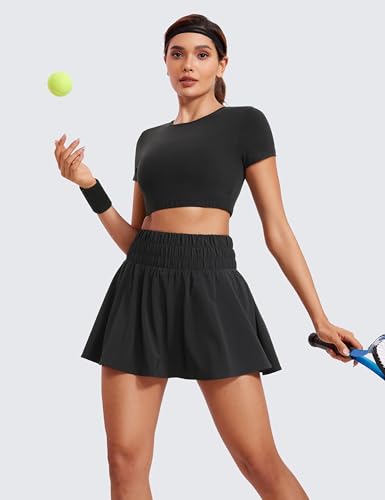 CRZ YOGA High Waisted Flowy Tennis Skirts for Women Pleated Casual Golf Athletic Pickleball Skorts with Shorts Pockets Lip Gloss Pink XX-Small