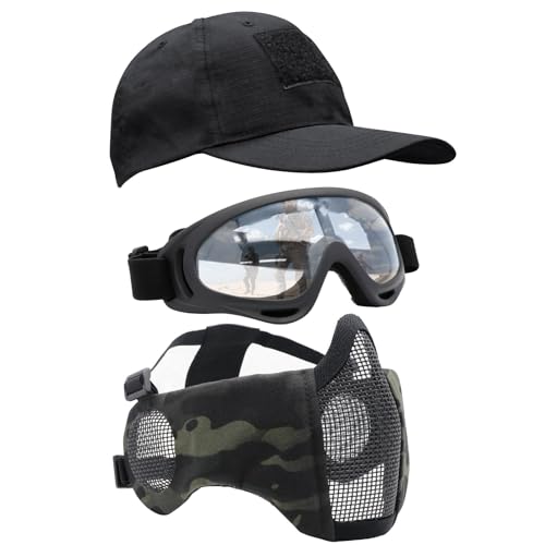 Yzpacc Airsoft Mask with Goggles, Foldable Half Face Airsoft Mesh Mask with Ear Protection for Paintball Shooting Cosplay CS Game