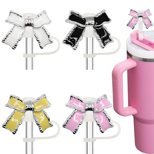 Epoxy Bow Straw Toppers for Stanley Cups -4PCs Cute Straw Cover Caps Silicone Stanley Cup Accessories Compatible with 12 20 30 40 Oz Tumblers in Pink Black White Yellow with Storage Case