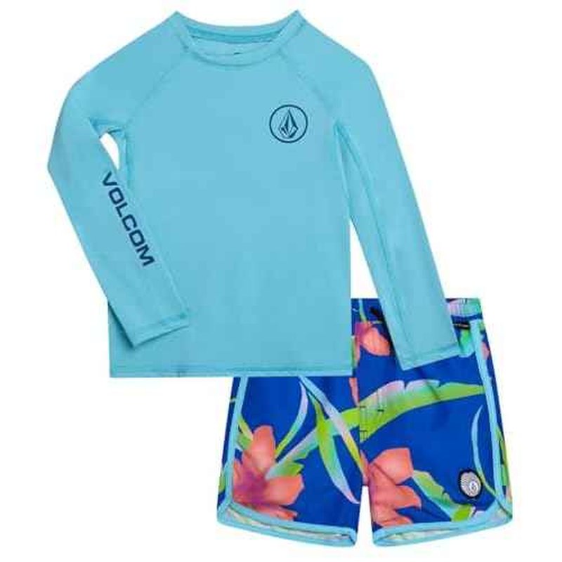 Volcom Baby Boys Swim Set - 2 Piece Long Sleeve Swim Shirt Graphic Tees & Board Shorts, Infant Toddler Little Boys Swimsuit