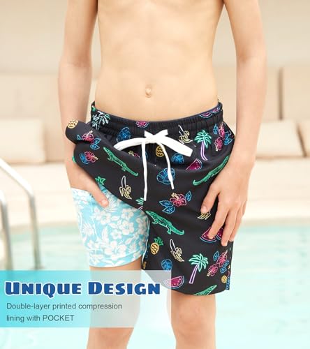 Cozople Teen Boys Swim Trunks with Compression Liner Novelty Crocodile Graphic Bathing Suit Swimwear Stretchy No Chafe Swimming Beach Board Shorts for Casual Swimwear Size 14-16 with Pockets