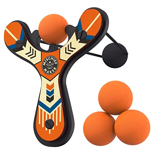 Mighty Fun! - Mischief Maker® Wooden Slingshot - Classic Series - Real Wood Slingshot for Kids, 4 Soft Foam Balls and Storage Bag - Ages 4+ (Orange)