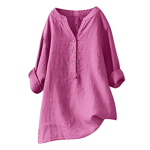 Generic Deals of The Day Clearance Womens Tops Linen 3/4 Sleeve Loose fit Women Oversized Button Shirt Womens Attire Dressy Casual Outfits Womens v Neck Shirts Women Trendy Hot Pink-4 L