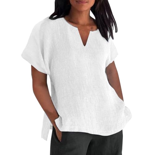 Linen Tops for Women Summer Plus Size T Shirts V Neck Loose Blouses Trendy Tops for Women 2024