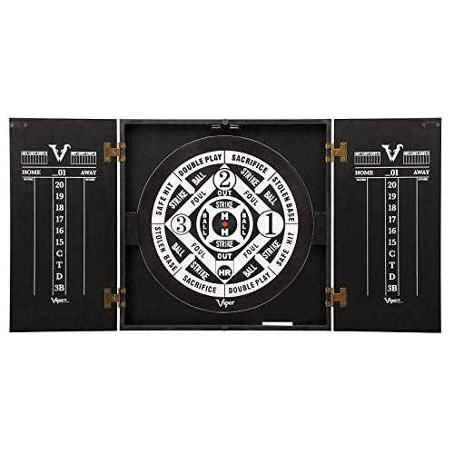 Viper Hideaway Dartboard Cabinet Set with Steel-Tip Dart Board, Reversible Board with Baseball Game Option, Two Sets of Darts, Chalk Scoreboards, and Matte Black Finish