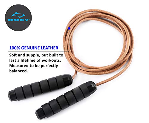 HUEY Sport Weighted 1lb Leather Jump Rope Adjustable Skipping Rope for Speed Quiet Training Boxing MMA Cardio Crossfit Fitness Workout Indoor and Outside Exercise for Beginner Kids Men and Women