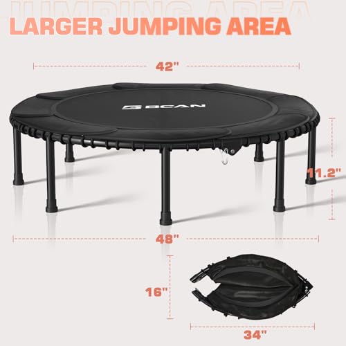 BCAN 48" Foldable Mini Trampoline, Silent Bungee Cord, Stable & Quiet Exercise Rebounder for Kids Adults Indoor/Garden Workout Max 550LBS - Black