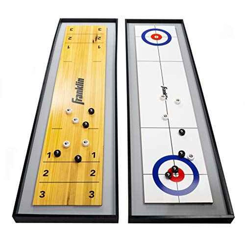 Franklin Sports 2-in-1 Shuffleboard Table and Curling Set - Portable Tabletop Set Includes 8 Rolling Mini Pucks - 45"