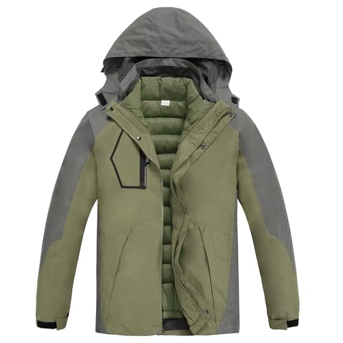 CorBuyit Men's 3 in 1 Waterproof Winter Ski Jacket - Windproof Snowboarding Jackets with Detachable Puffer Coat for Maximum Warmth and Comfort Green-Grey XXL