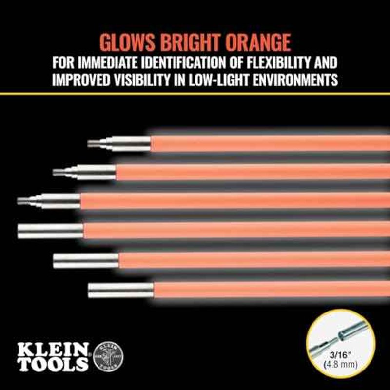 Klein Tools 50303 30-Foot Lo-Flex Glow Fish Rod Set, (6) 5-Foot Fiberglass Rods, Adapter, Bullet Nose, Splinter Guard Coating