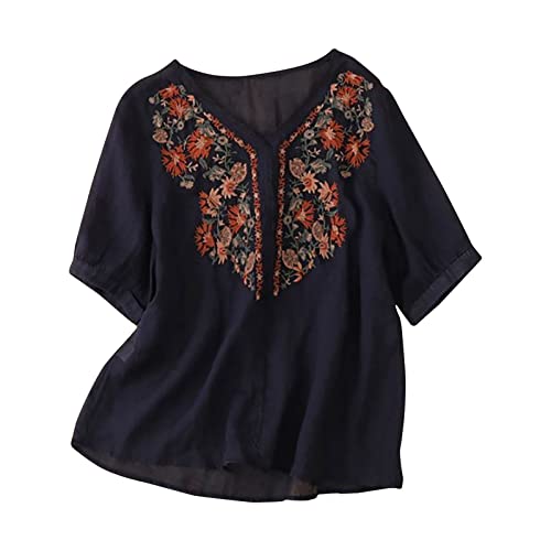 linen shirts for women Womens Linen Embroidered Blouse Plus Size 3/4 Sleeve T-Shirts Lightweight Boho Embroidered Peasant Shirts Button Up peasant tops for women deals of The day clearance