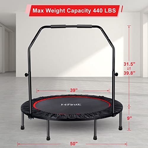 50 Inch Mini Fitness Trampoline for Adults, Foldable Exercise Trampoline with 5 Levels Adjustable Foam Handle, Rebounder Trampoline for Bounce Workout Indoor/Garden Max Load 440lbs