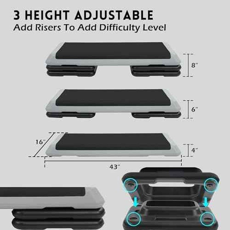 Fitvids Step Aerobic Stepper with 4 Stackable Risers, 43'' Aerobic Platform Adjustable Height 4"-6''-8'', Fitness Training Workout Stepper for Home Gym, Cardio Strength, Black and Gray