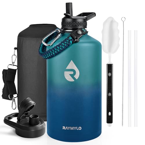 RAYMYLO One Gallon Water Bottle Insulated, Triple Walled Vacuum Stainless Steel (Cold for 48 Hrs), Leak Proof & Non-BPA, Large Water Flask Jug with Paracord Handle & Straw Spout Lids