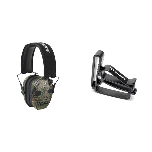 Walker's Razor Slim Electronic Quad Earmuff 23Db/Realtree Xtra Camo, Black, One Size Bundle Game Ear Belt Clip Holder, Black, One Size