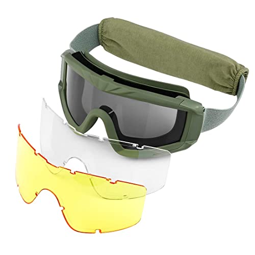 xaegistac Airsoft Goggles, Tactical Safety Goggles Anti Fog Military Eyewear with 3 Interchangable Lens for Paintball Riding Shooting Hunting Cycling (ArmyGreen)