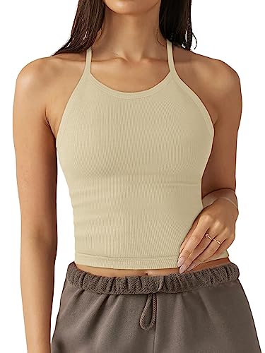 Womens Sports Bra Cute Workout Long Tank Tops Fitness Yoga Padded Bra Camisole Crop Tops for Teen Girls(Beige X-Large)