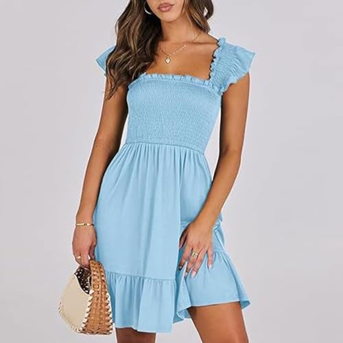 Generic Summer Dresses for Women 2024 Sleeveless Beach Short Mini Dress Square Neck Casual Cotton Beach Swing Dress for Women, Small, 02-blue