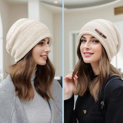 AZJ Women Fleece Slouchy Beanies Winter Oversized Knit Warm Hats Stretch Skull Cap, Black and Beige