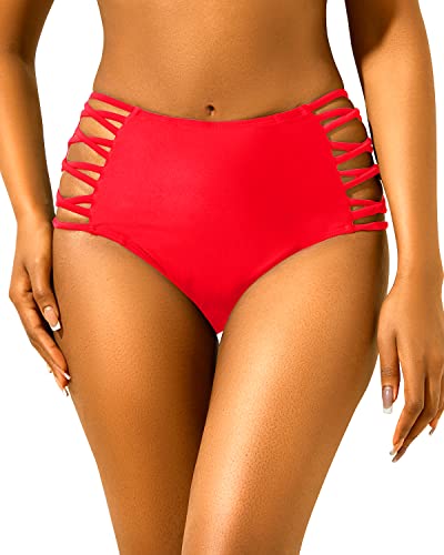 Holipick Women High Waisted Bikini Bottom Tummy Control Swim Bottom Strappy Bathing Suit Bottom Fluorescent Red L