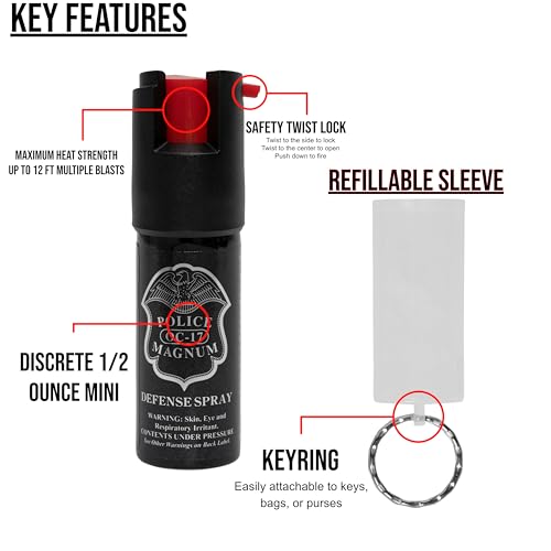 Police Magnum Mini Pepper Spray Self Defense Safety Tool- Strong Built-in Keyring Holder- Small Discreet Canister Case- Made in The USA- 1 Pack 1/2oz Twist Lock Clear Sleeve Keyring