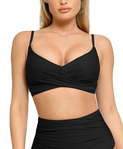 Popilush Swimsuit Top Bikini Top Twist Front V Neck Push Up Padded Spaghet Straps Bathing Suit Tops for women Black S