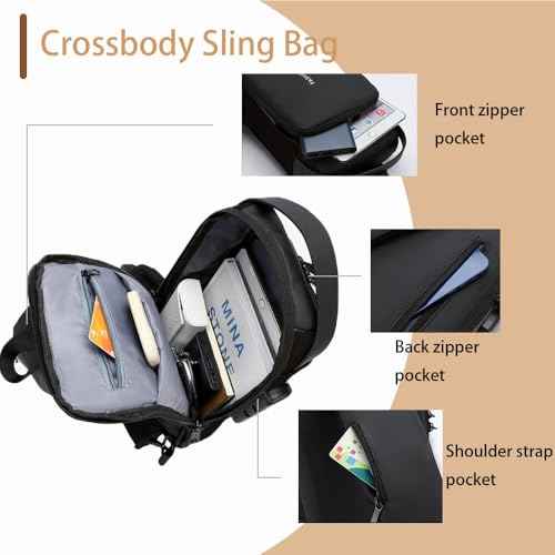 Travel Sling Bag Waterproof Crossbody Bag with Combination Lock Anti-Theft PU Leather Chest Bag with USB Charging Hole Shoulder Backpack Motorcycle Bags Black