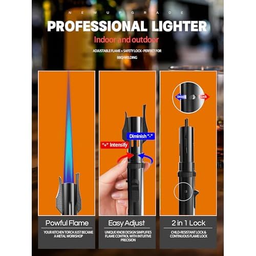 Bright Fire Torch Lighter Butane Refillable, Long Jet Flame Butane Lighter with Long Handle, Adjustable Windproof Lighters for Cooking Fireplace Camping BBQ Lighters Gift for Man (Without Fuel) Black
