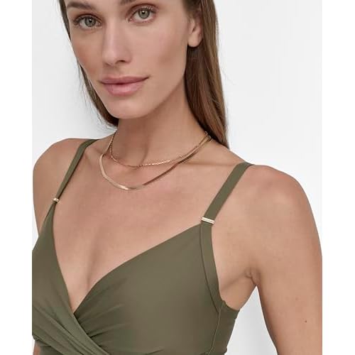 DKNY Womens Surplice Ruched Spaghetti Strap One Piece Swimsuit with Tummy Control