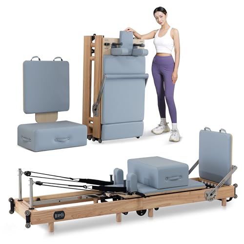 EgnFg Pilates Reformer Machine, Premium Foldable Pilates Reformer, Durable and Quiet, Pilates Equipment for Home Workouts with Reformer Accessories and Reformer Pilates Box (Blue Microfiber)