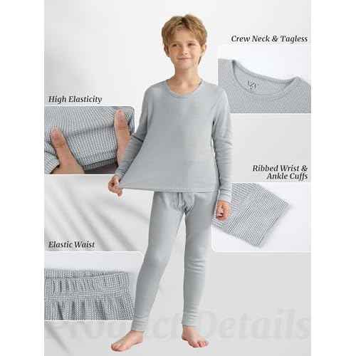 VZV Kids Thermal Underwear Set, Boys Waffle Thermal Underwear Set Long Sleeve Top and Bottom for Skiing, Cold Weather