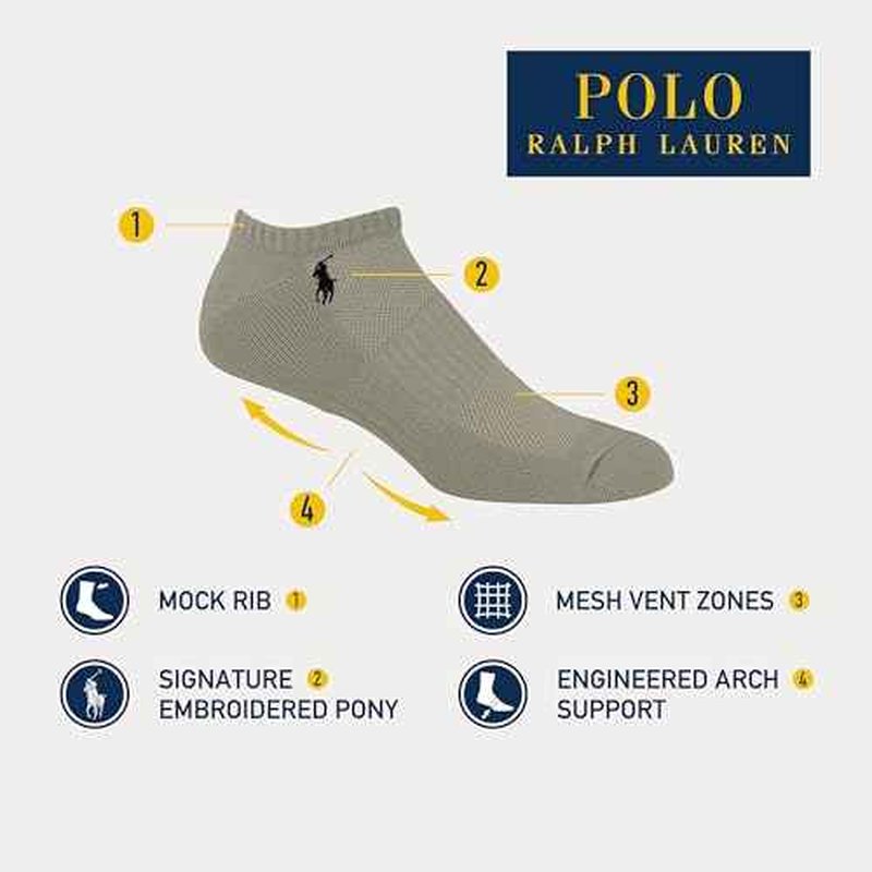 Polo Ralph Lauren Men's Tech Athletic Low Cut Sport Cushioned Arch Support Socks (3-Pack)