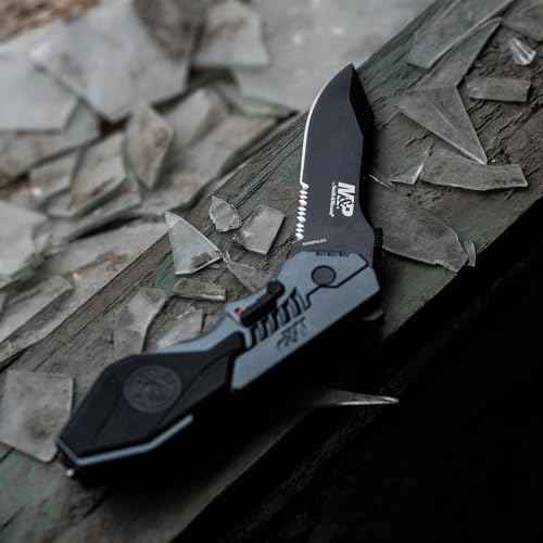 Smith & Wesson Large M.A.G.I.C. Assisted Opening Liner Lock Folding 3.6' Serrated Edge Clip Point 4034 Stainless Steel Blade with Aluminum and Rubber Handle Clam Pack,Grey
