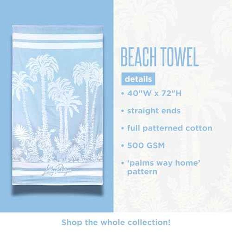 Lilly Pulitzer Oversized Pool/Beach Towel, 40 x 72, Large Cotton Towel for Adults, Blue/Green Palm Tree Print, Palms Way Home