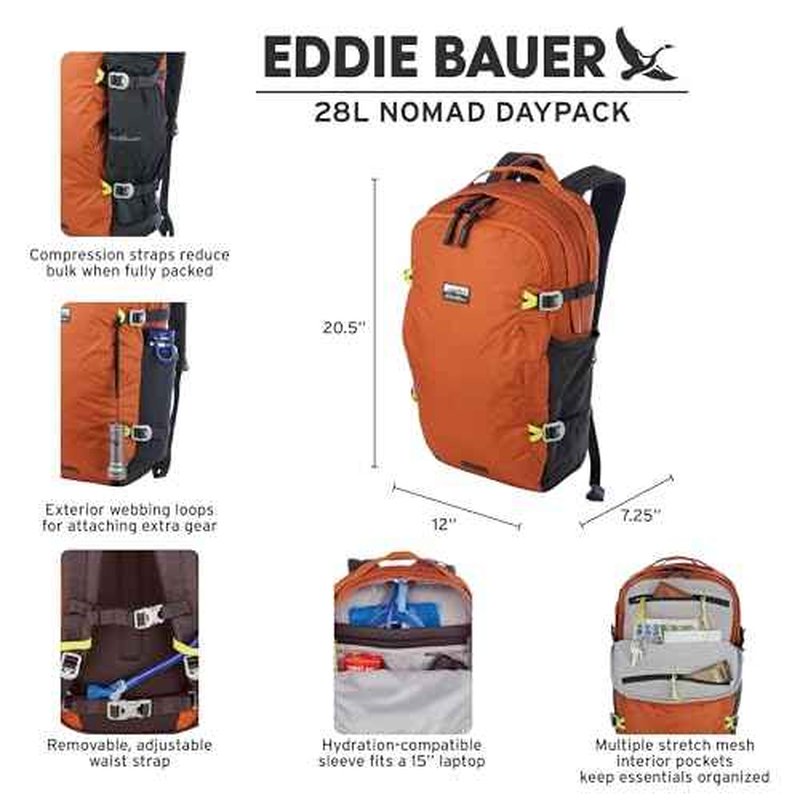 Eddie Bauer Nomad Backpack with Compression Straps and Hydration/Laptop Compatible Sleeve - Sienna, 28L