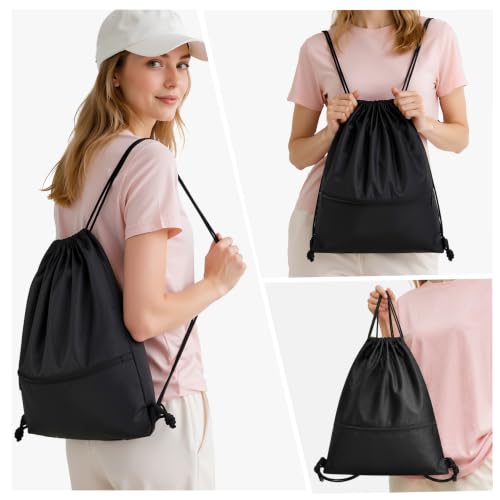 Arae Small Water Resistant Drawstring Backpack Bag - Black Gym Sack